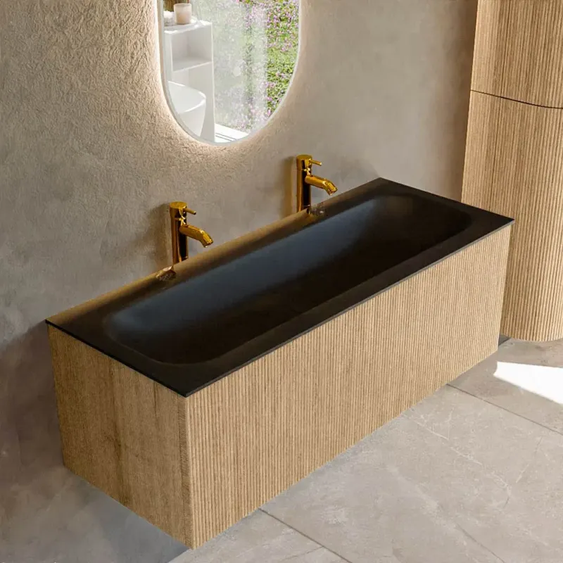 Direct Beschikbaar Mondiaz Kurve 120cm badmeubel oak met 1 lade en wastafel big large midden 2 kraangaten urban