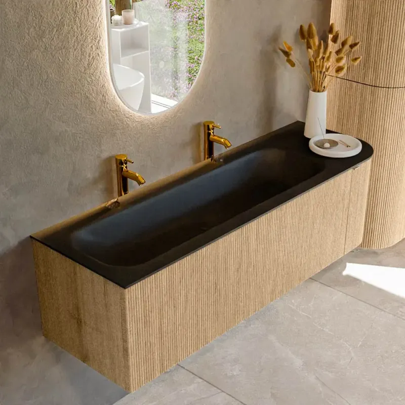 Mondiaz Kurve 145cm badmeubel ronding rechts oak met 1 lade en deur en wastafel big large links 2 kraangaten urban Premium
