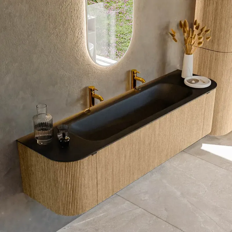Exclusieve Aanbieding Mondiaz Kurve 170cm badmeubel ronding links/rechts oak met 1 lade en 2 deuren en wastafel big large midden 2 kraangaten urban