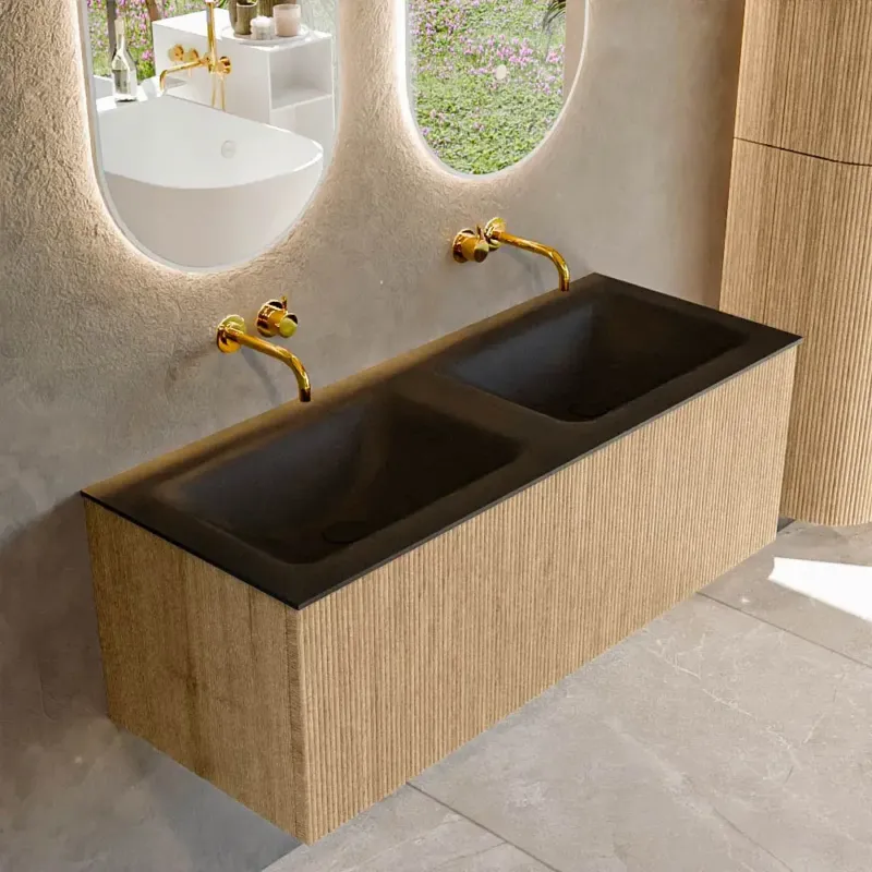 Mondiaz Kurve 120cm badmeubel oak met 1 lade en wastafel cloud dubbel zonder kraangat urban Beperkt Aanbod