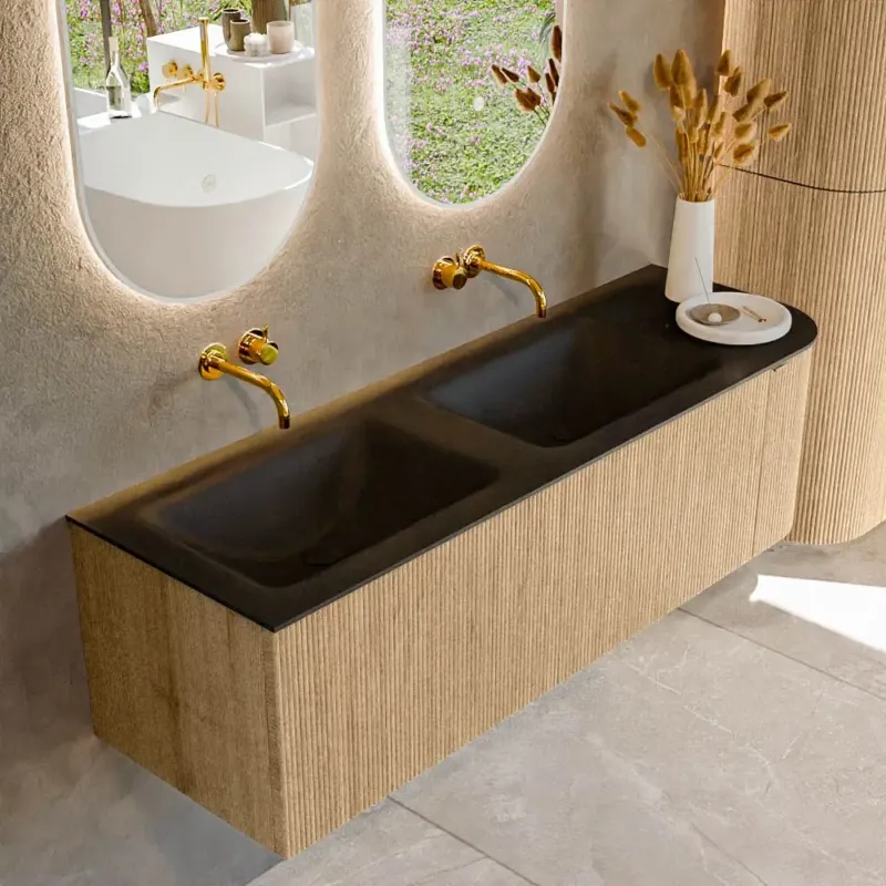 Beperkte Voorraad Mondiaz Kurve 145cm badmeubel ronding rechts oak met 1 lade en deur en wastafel cloud dubbel/links zonder kraangat urban