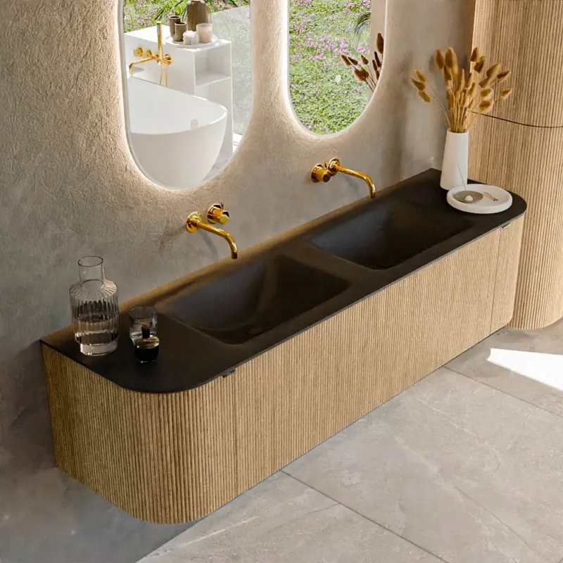 Mondiaz Kurve 170cm badmeubel ronding links/rechts oak met 1 lade en 2 deuren en wastafel cloud dubbel zonder kraangat urban Gratis Retour