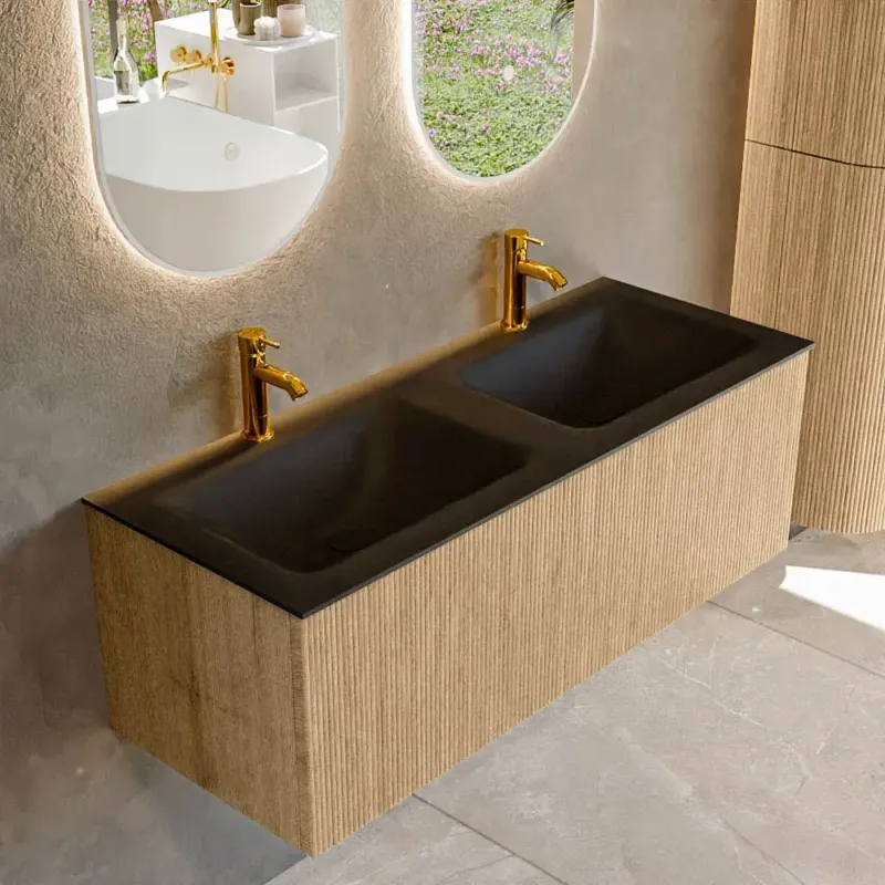 Mondiaz Kurve 120cm badmeubel oak met 1 lade en wastafel cloud dubbel 2 kraangaten urban Tijdelijk Beschikbaar