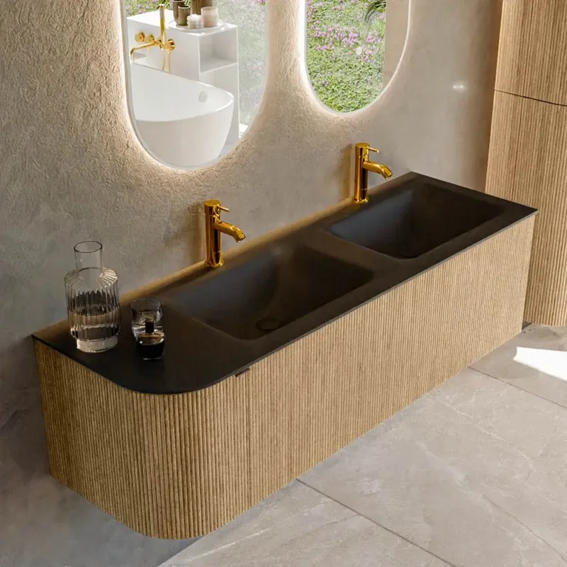 Mondiaz Kurve 145cm badmeubel ronding links oak met 1 lade en deur en wastafel cloud dubbel/rechts 2 kraangaten urban Seizoensaanbieding