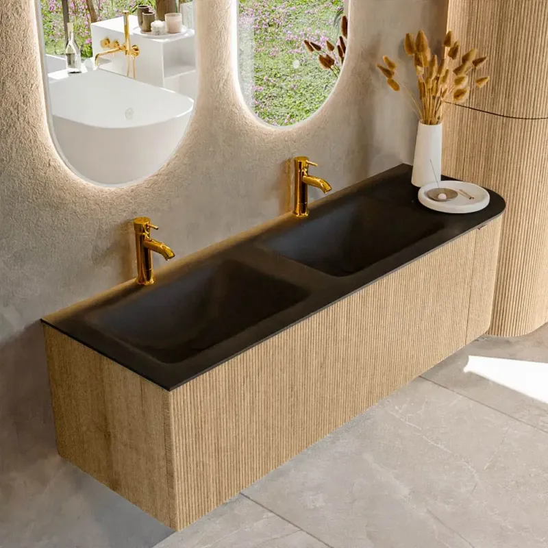 Betrouwbaar Mondiaz Kurve 145cm badmeubel ronding rechts oak met 1 lade en deur en wastafel cloud dubbel/links 2 kraangaten urban