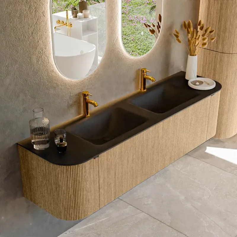 Mondiaz Kurve 170cm badmeubel ronding links/rechts oak met 1 lade en 2 deuren en wastafel cloud dubbel 2 kraangaten urban Actieprijs