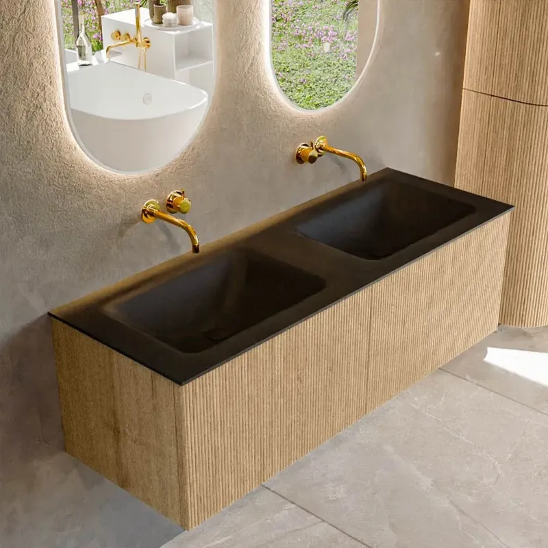 Beperkt Aanbod Mondiaz Kurve 130cm badmeubel oak met 2 lades en wastafel cloud dubbel zonder kraangat urban
