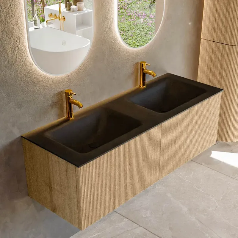 Mondiaz Kurve 130cm badmeubel oak met 2 lades en wastafel cloud dubbel 2 kraangaten urban Must-Have