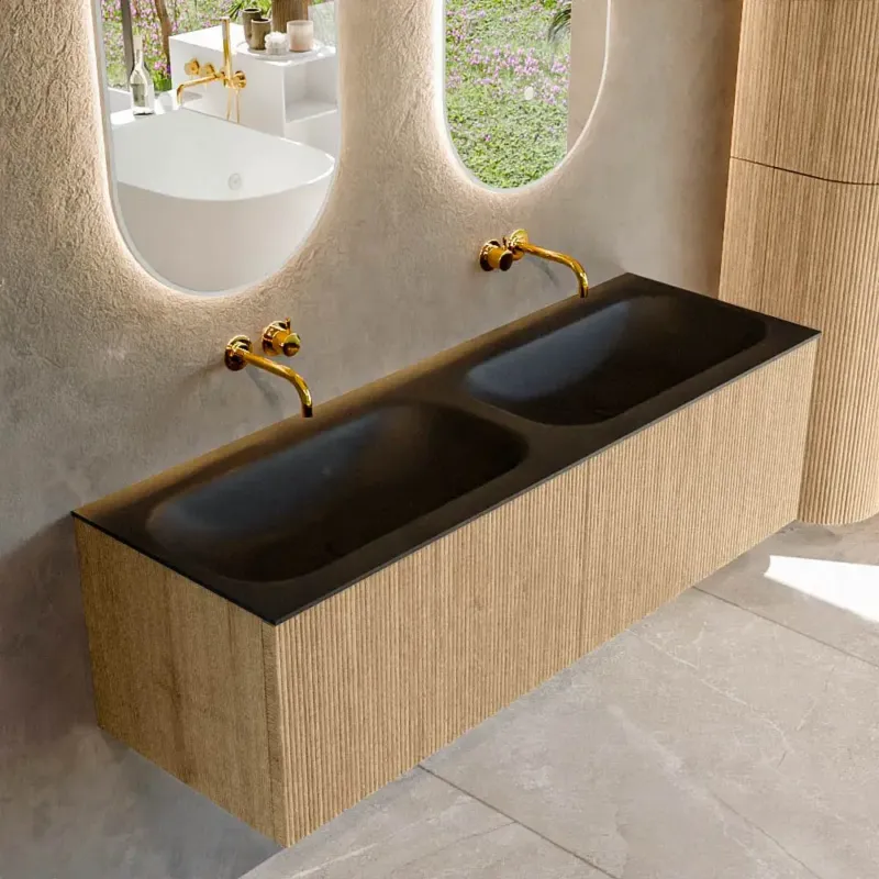 Lage Kosten Mondiaz Kurve 140cm badmeubel oak met 2 lades en wastafel big small dubbel zonder kraangat urban