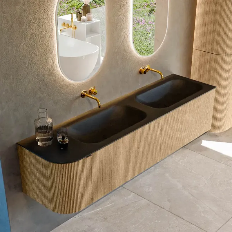 Mondiaz Kurve 175cm badmeubel ronding links oak met 2 lades en 1 deur en wastafel big small dubbel/rechts zonder kraangat urban Direct Beschikbaar