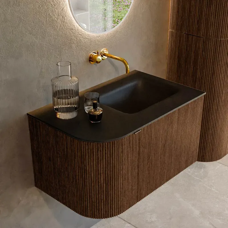 Mondiaz Kurve 75cm badmeubel ronding links walnut met 1 lade en deur en wastafel grunne rechts zonder kraangat urban Premium