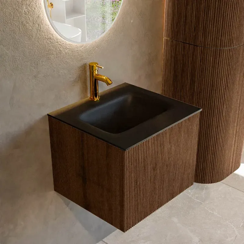Mondiaz Kurve 50cm badmeubel walnut met 1 lade en wastafel grunne midden 1 kraangat urban Koop Online