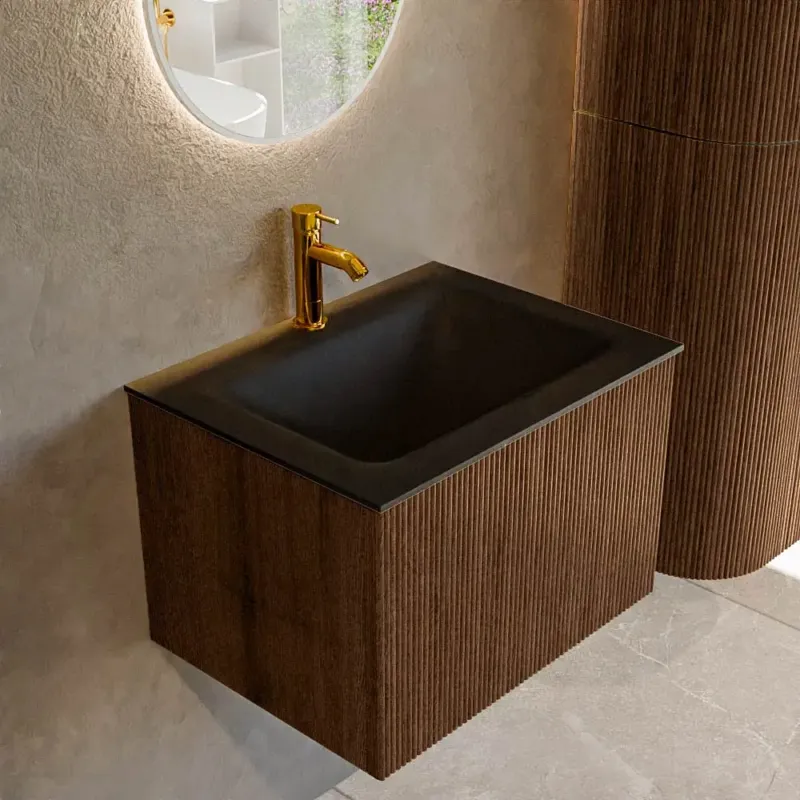 Lage Prijs Mondiaz Kurve 60cm badmeubel walnut met 1 lade en wastafel cloud midden 1 kraangat urban
