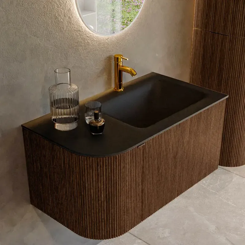 Gratis Retour Mondiaz Kurve 85cm badmeubel ronding links walnut met 1 lade en deur en wastafel cloud kraangat rechts urban
