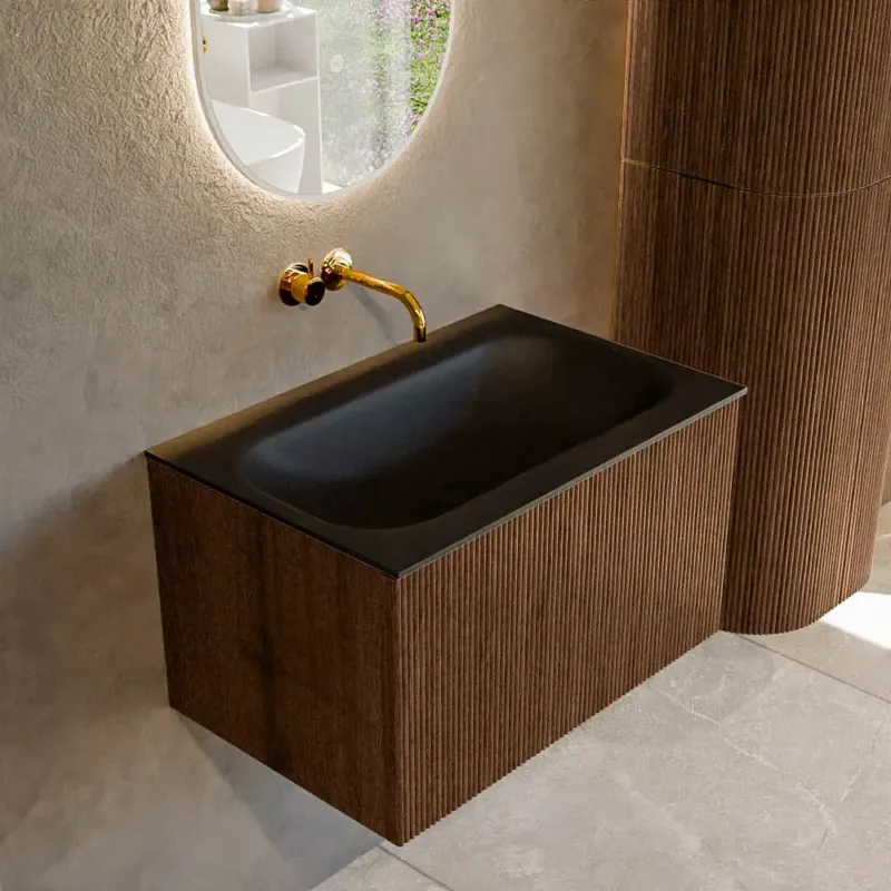 Mondiaz Kurve 70cm badmeubel walnut met 1 lade en wastafel big small midden zonder kraangat urban Lage Kosten