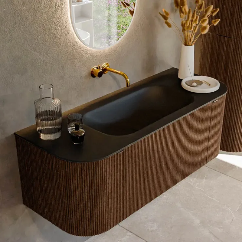 Mondiaz Kurve 120cm badmeubel ronding links/rechts walnut met 1 lade en 2 deuren en wastafel big small midden zonder kraangat urban Nieuw