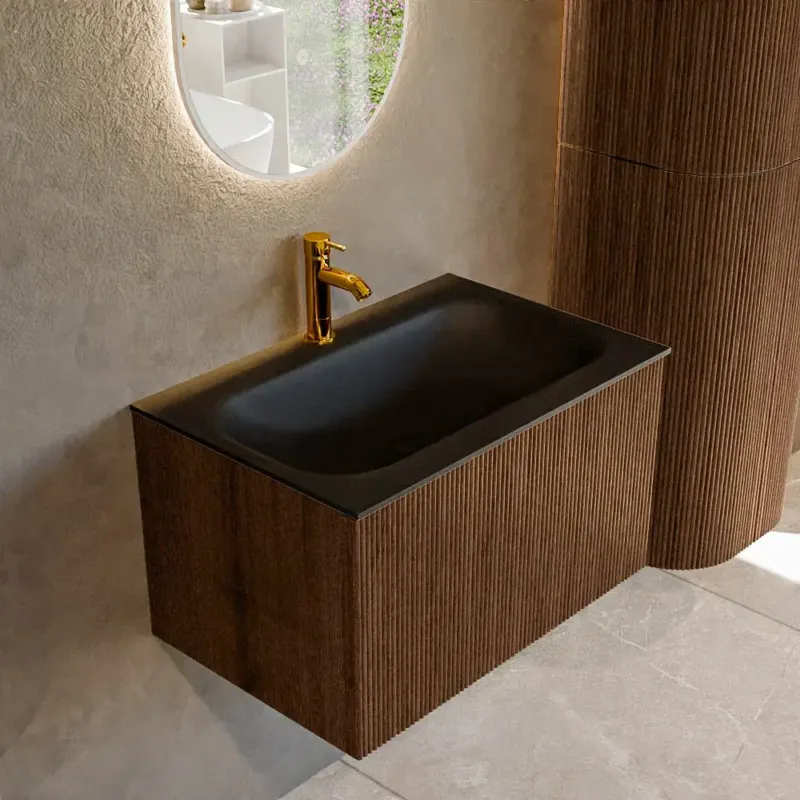 Mondiaz Kurve 70cm badmeubel walnut met 1 lade en wastafel big small midden 1 kraangat urban Gecertificeerd