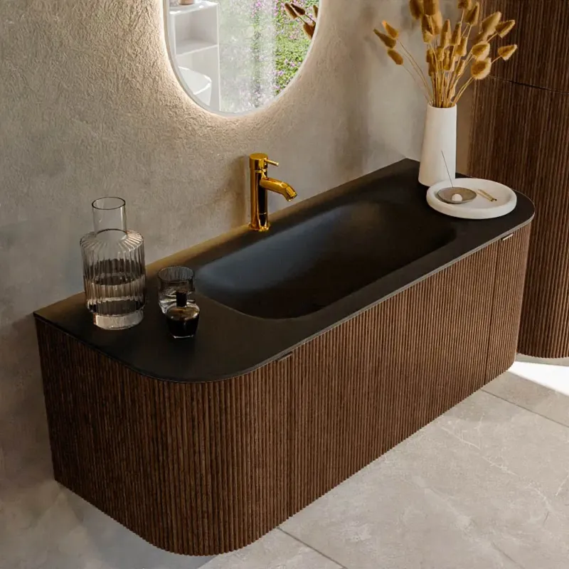Beperkt Aanbod Mondiaz Kurve 120cm badmeubel ronding links/rechts walnut met 1 lade en 2 deuren en wastafel big small midden 1 kraangat urban