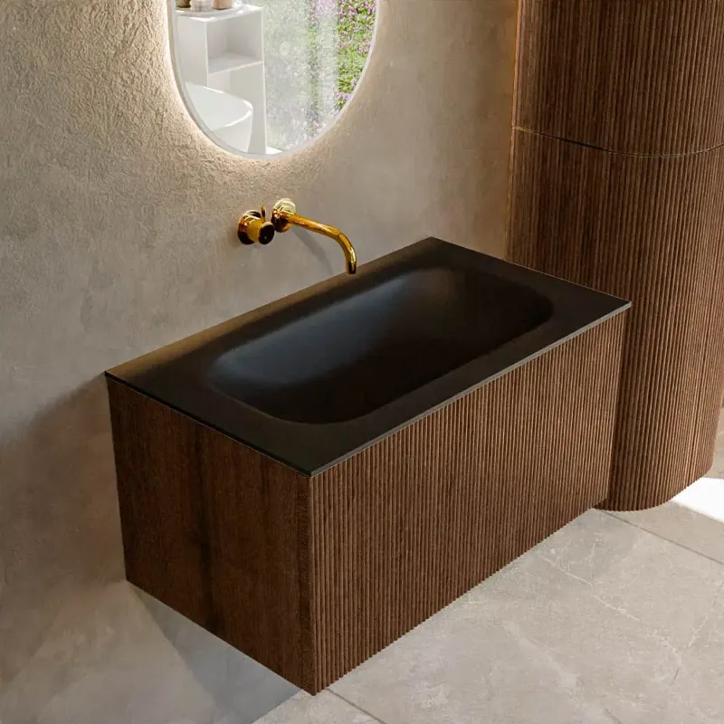 Nieuw Mondiaz Kurve 80cm badmeubel walnut met 1 lade en wastafel big small midden zonder kraangat urban