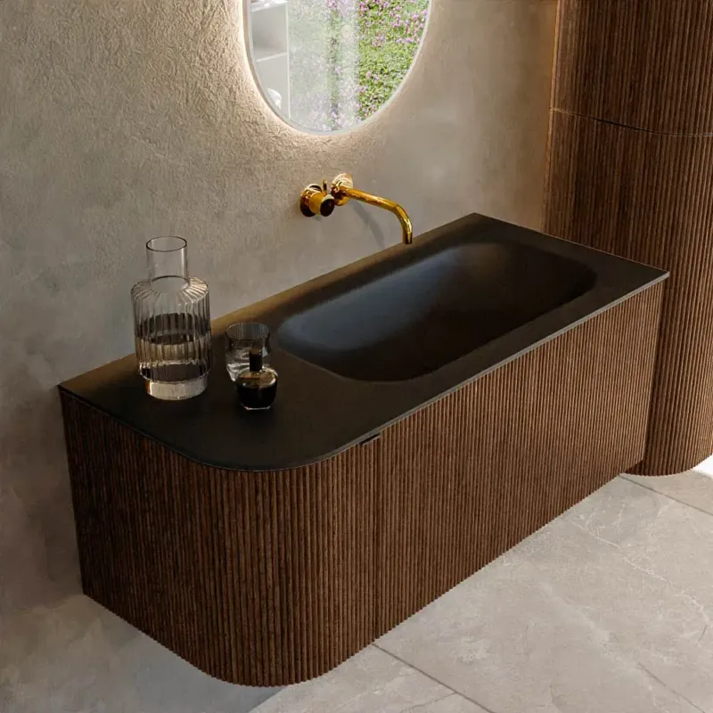 Lage Prijs Mondiaz Kurve 105cm badmeubel ronding links walnut met 1 lade en deur en wastafel big small rechts zonder kraangat urban