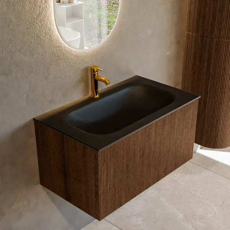 Mondiaz Kurve 80cm badmeubel walnut met 1 lade en wastafel big small midden 1 kraangat urban Premium