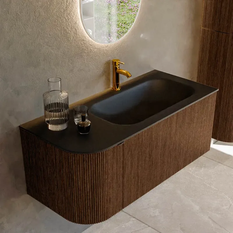 Rechtstreeks Van De Fabrikant Mondiaz Kurve 105cm badmeubel ronding links walnut met 1 lade en deur en wastafel big small kraangat rechts urban