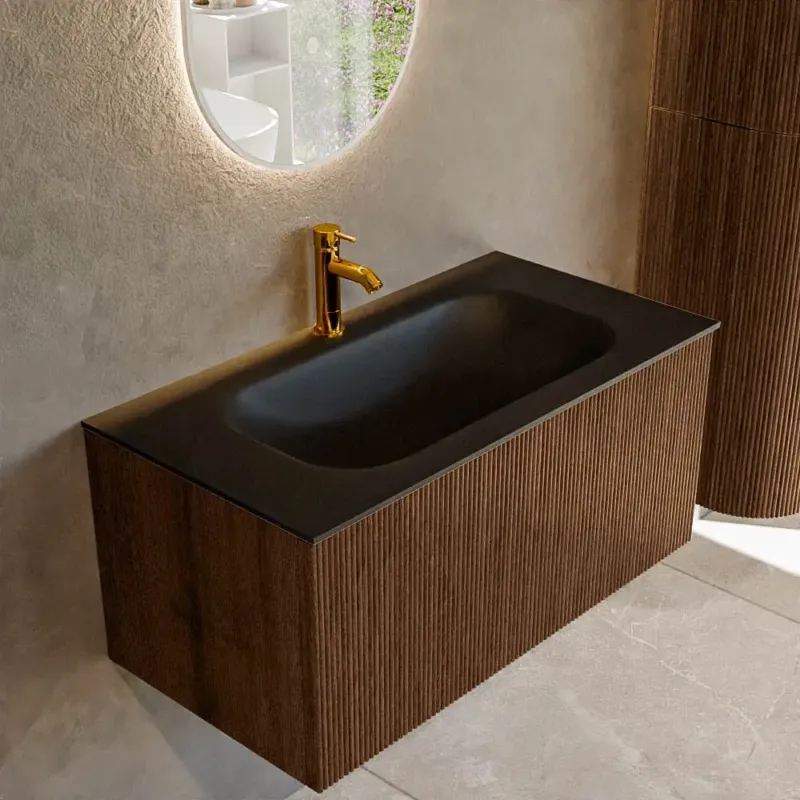 Mondiaz Kurve 90cm badmeubel walnut met 1 lade en wastafel big small midden 1 kraangat urban Fabrieksprijs