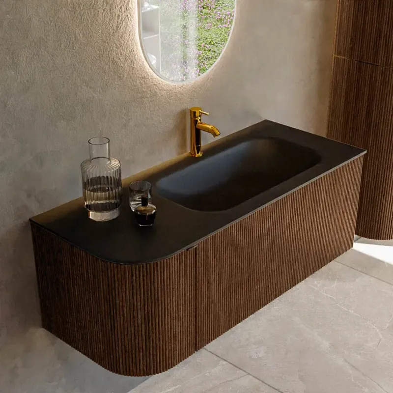 Voordeelprijs Mondiaz Kurve 115cm badmeubel ronding links walnut met 1 lade en deur en wastafel big small kraangat rechts urban