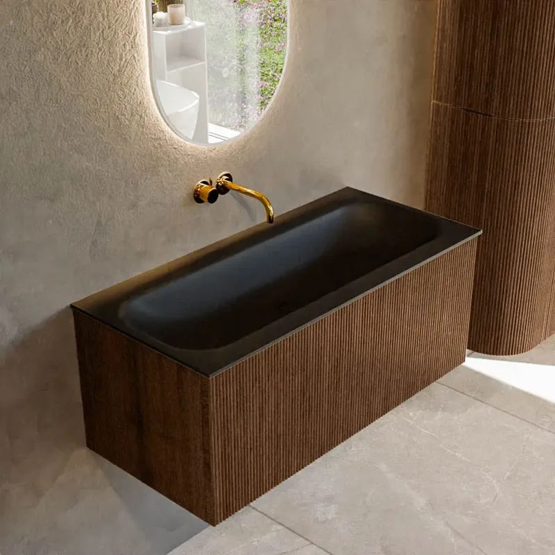 Mondiaz Kurve 100cm badmeubel walnut met 1 lade en wastafel big medium midden zonder kraangat urban Superprijs