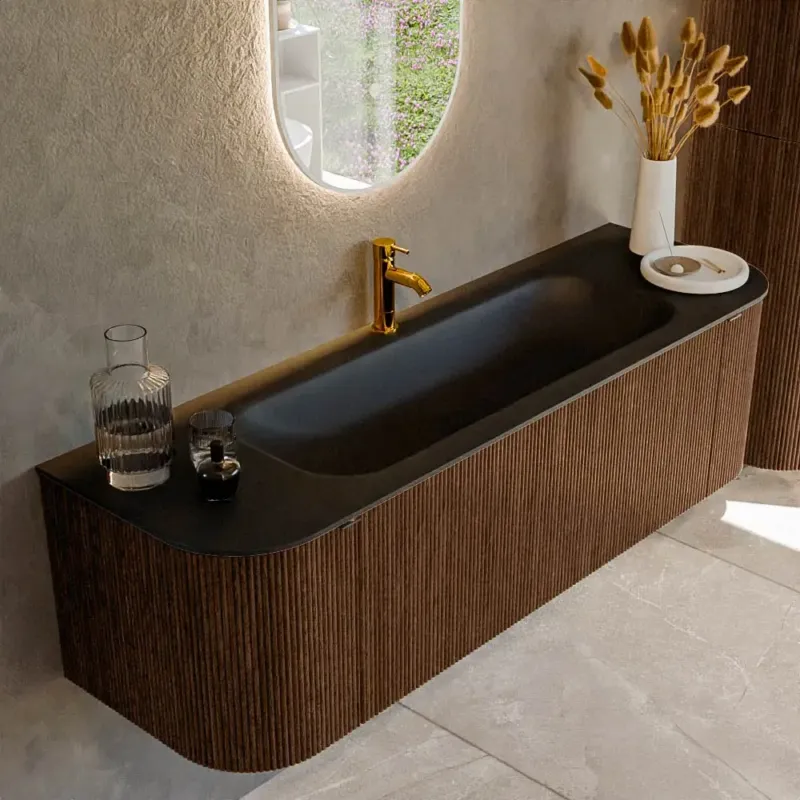 Mondiaz Kurve 150cm badmeubel ronding links/rechts walnut met 1 lade en 2 deuren en wastafel big medium midden 1 kraangat urban Beperkt Aanbod
