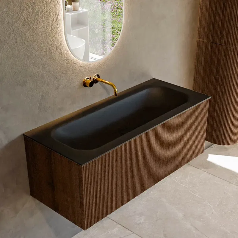 Seizoensaanbieding Mondiaz Kurve 110cm badmeubel walnut met 1 lade en wastafel big medium midden zonder kraangat urban