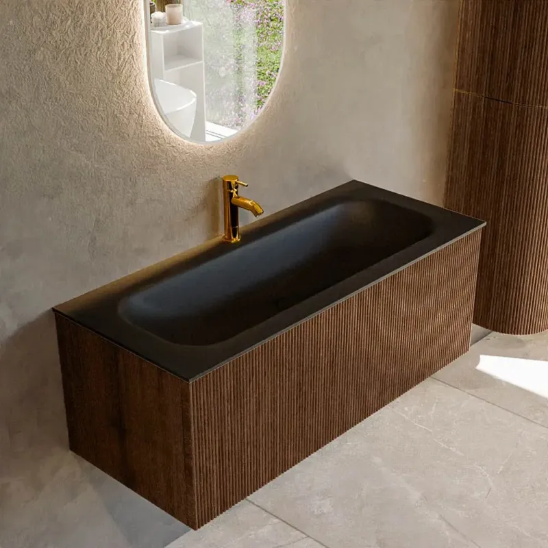 Mondiaz Kurve 110cm badmeubel walnut met 1 lade en wastafel big medium midden 1 kraangat urban Merkproduct