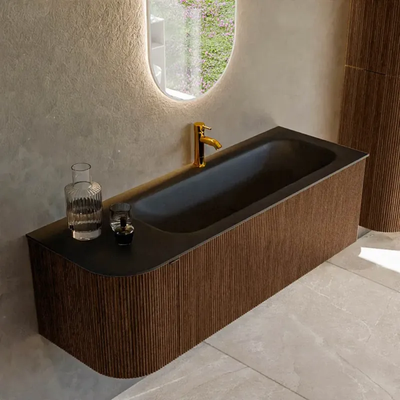 Mondiaz Kurve 135cm badmeubel ronding links walnut met 1 lade en deur en wastafel big medium kraangat rechts urban Merkproduct