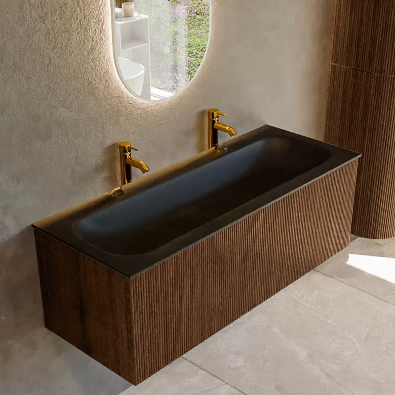 Mondiaz Kurve 120cm badmeubel walnut met 1 lade en wastafel big large midden 2 kraangaten urban Fabrieksprijs