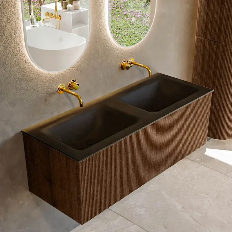 Mondiaz Kurve 120cm badmeubel walnut met 1 lade en wastafel cloud dubbel zonder kraangat urban Superprijs