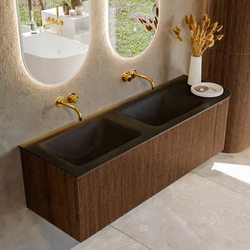 Mondiaz Kurve 145cm badmeubel ronding rechts walnut met 1 lade en deur en wastafel cloud dubbel/links zonder kraangat urban Weekendaanbieding