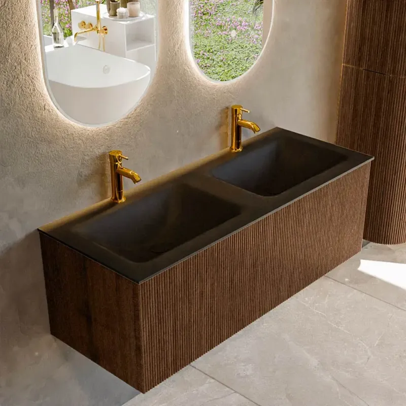 Fabrieksprijs Mondiaz Kurve 120cm badmeubel walnut met 1 lade en wastafel cloud dubbel 2 kraangaten urban