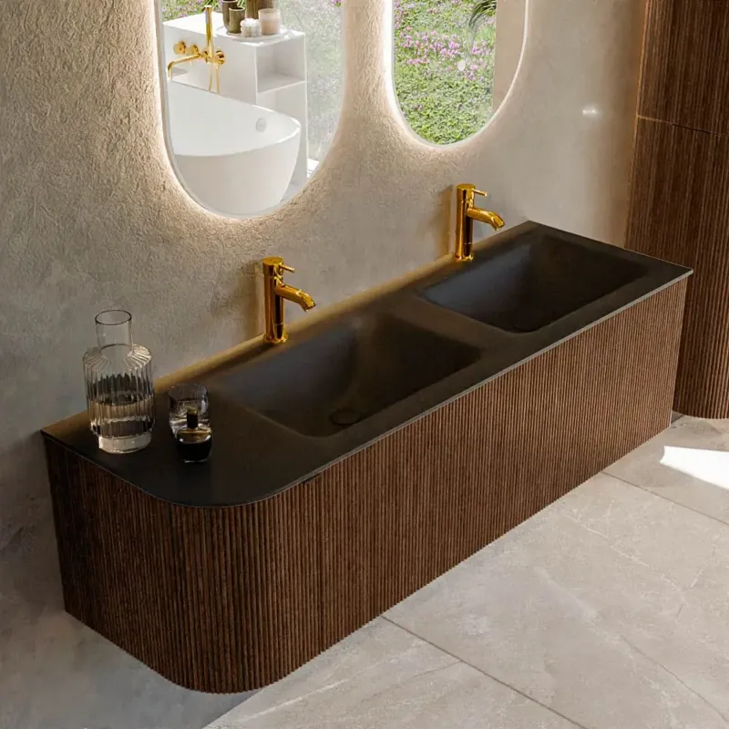 Betaalbaar Mondiaz Kurve 145cm badmeubel ronding links walnut met 1 lade en deur en wastafel cloud dubbel/rechts 2 kraangaten urban