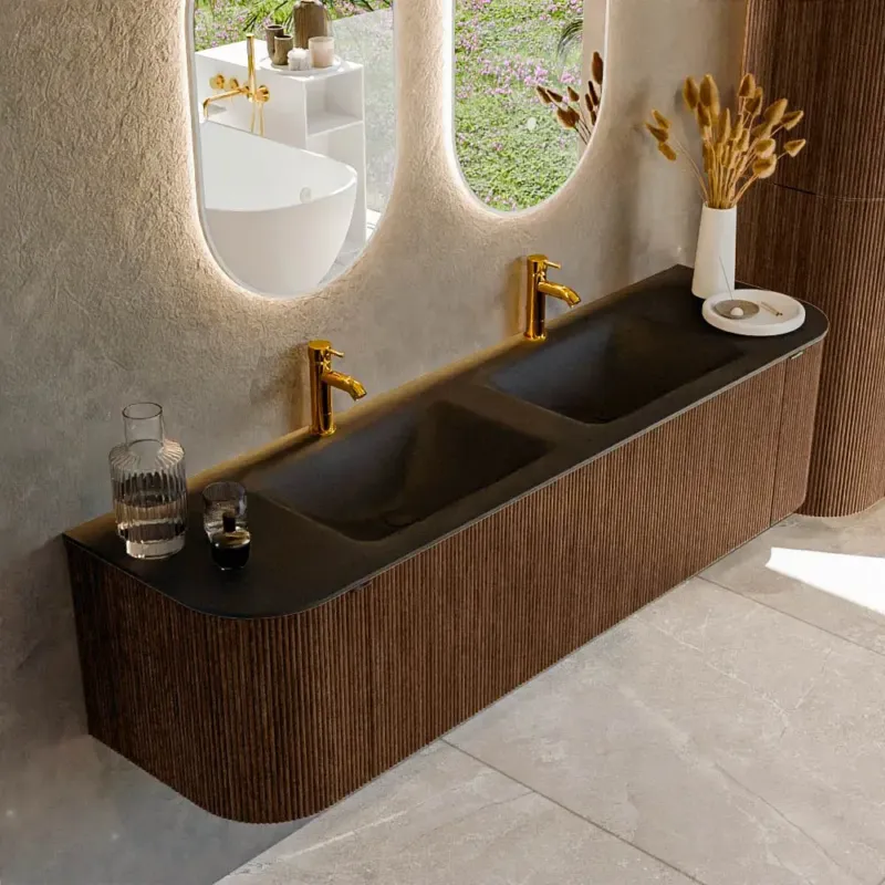 Mondiaz Kurve 170cm badmeubel ronding links/rechts walnut met 1 lade en 2 deuren en wastafel cloud dubbel 2 kraangaten urban Rechtstreeks Van De Fabrikant