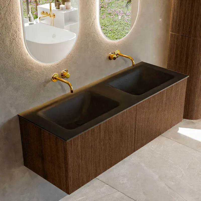 Bestseller Mondiaz Kurve 130cm badmeubel walnut met 2 lades en wastafel cloud dubbel zonder kraangat urban