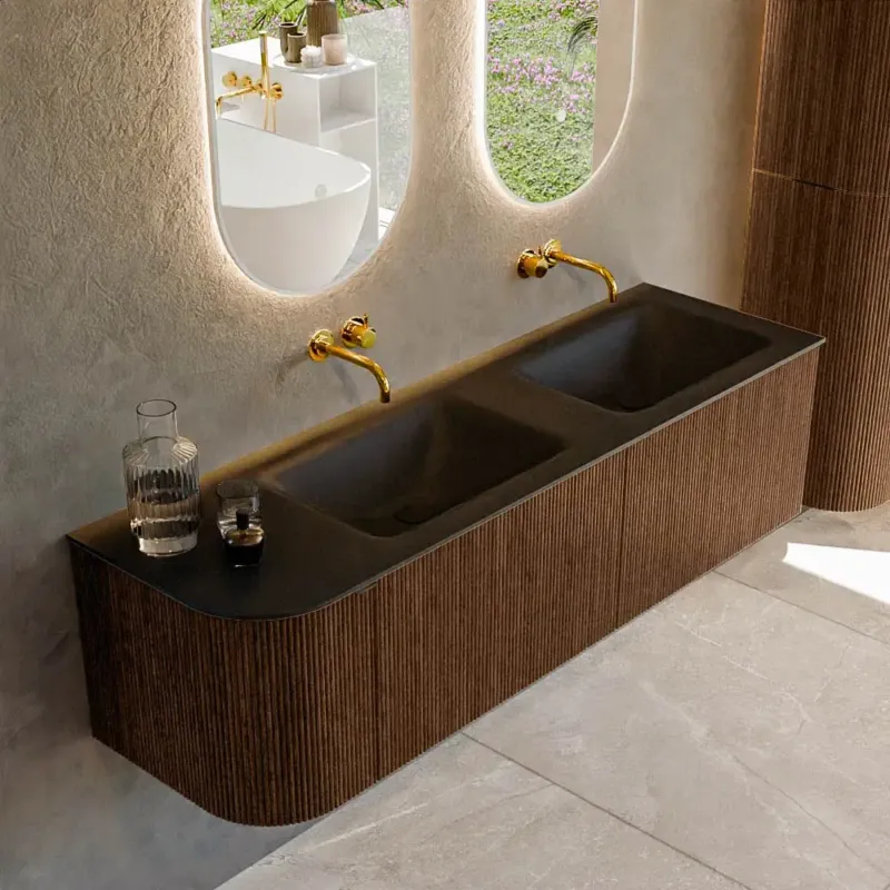 Mondiaz Kurve 155cm badmeubel ronding links walnut met 2 lades en 1 deur en wastafel cloud dubbel/rechts zonder kraangat urban Bestseller