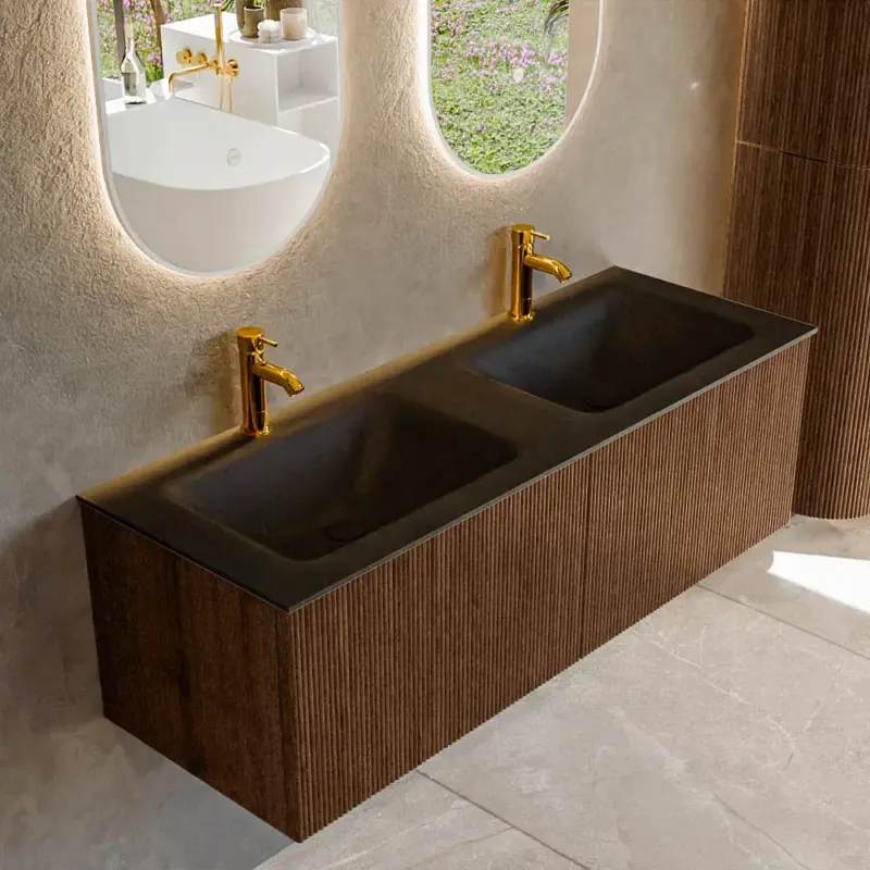 Mondiaz Kurve 130cm badmeubel walnut met 2 lades en wastafel cloud dubbel 2 kraangaten urban Must-Have