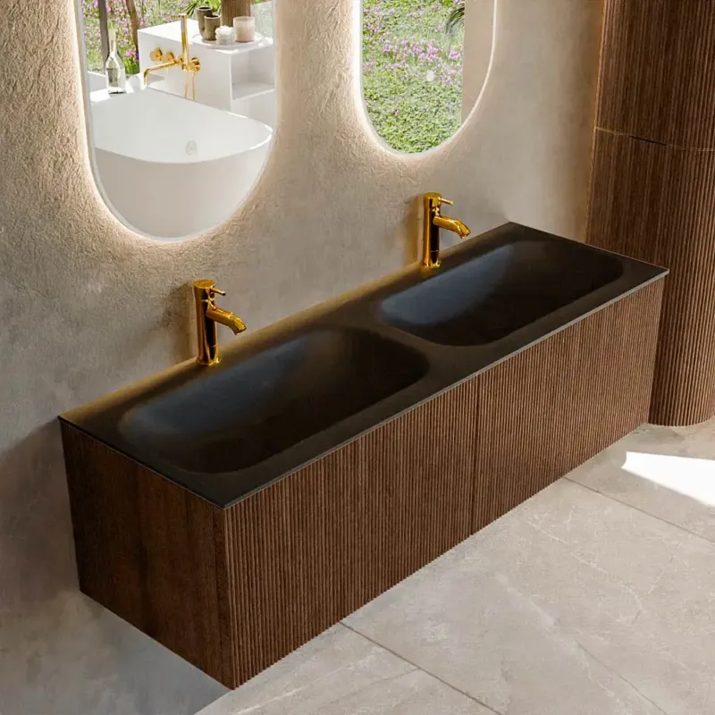 Mondiaz Kurve 140cm badmeubel walnut met 2 lades en wastafel big small dubbel 2 kraangaten urban Flitsaanbieding