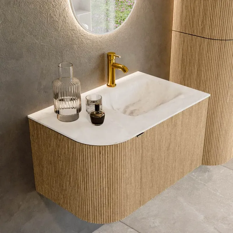 Bestel Nu Mondiaz Kurve-dlux 75cm badmeubel ronding links oak met 1 lade en deur en wastafel grunne kraangat rechts frappe