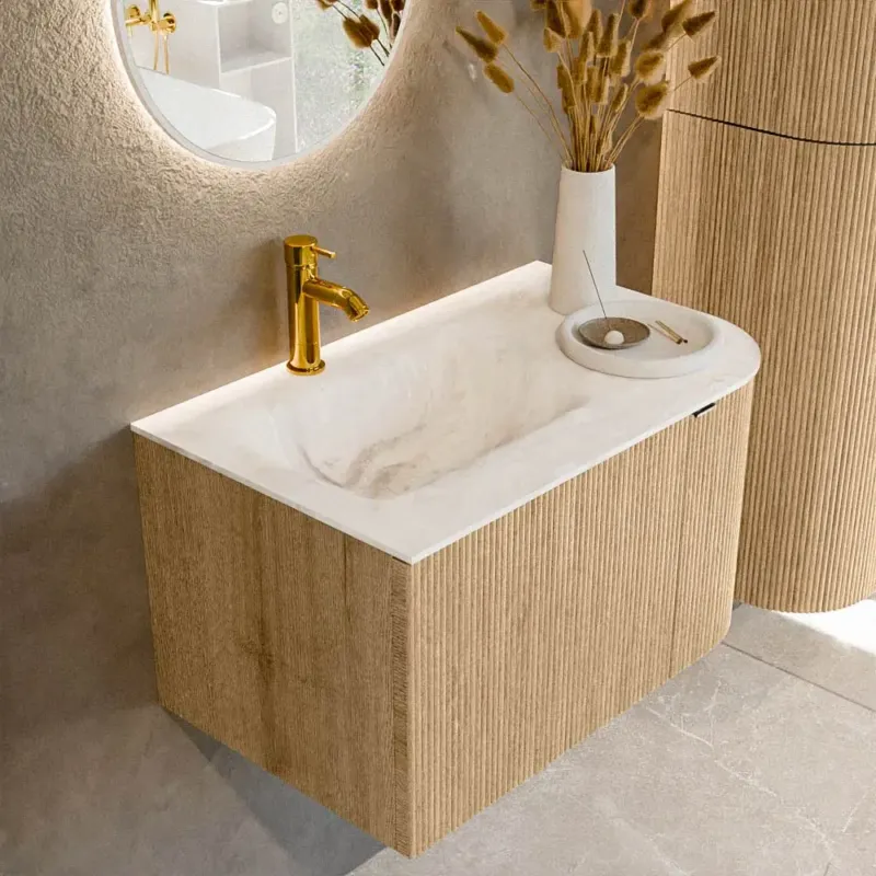 Merkproduct Mondiaz Kurve-dlux 75cm badmeubel ronding rechts oak met 1 lade en deur en wastafel grunne kraangat links frappe