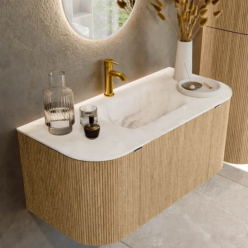 Direct Beschikbaar Mondiaz Kurve-dlux 100cm badmeubel ronding links/rechts oak met 1 lade en 2 deuren en wastafel grunne midden 1 kraangat frappe