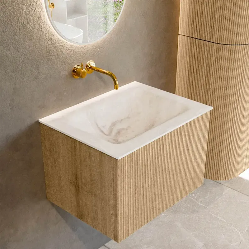 Koopje Mondiaz Kurve-dlux 60cm badmeubel oak met 1 lade en wastafel cloud midden zonder kraangat frappe