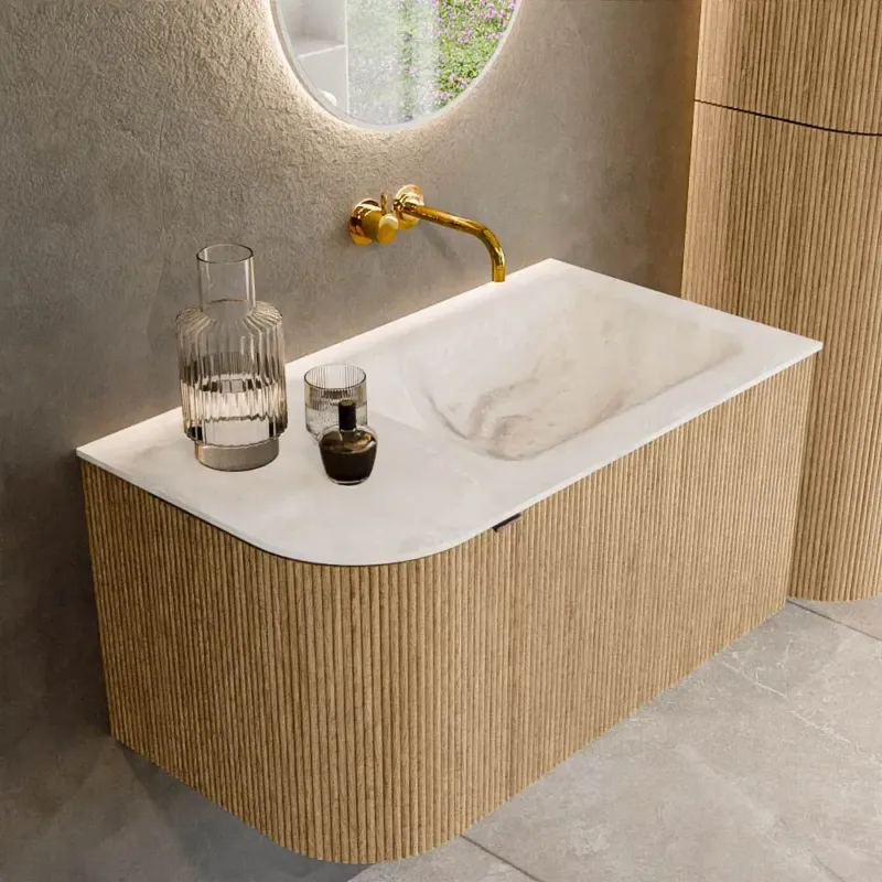 Goedkoop Mondiaz Kurve-dlux 85cm badmeubel ronding links oak met 1 lade en deur en wastafel cloud rechts zonder kraangat frappe