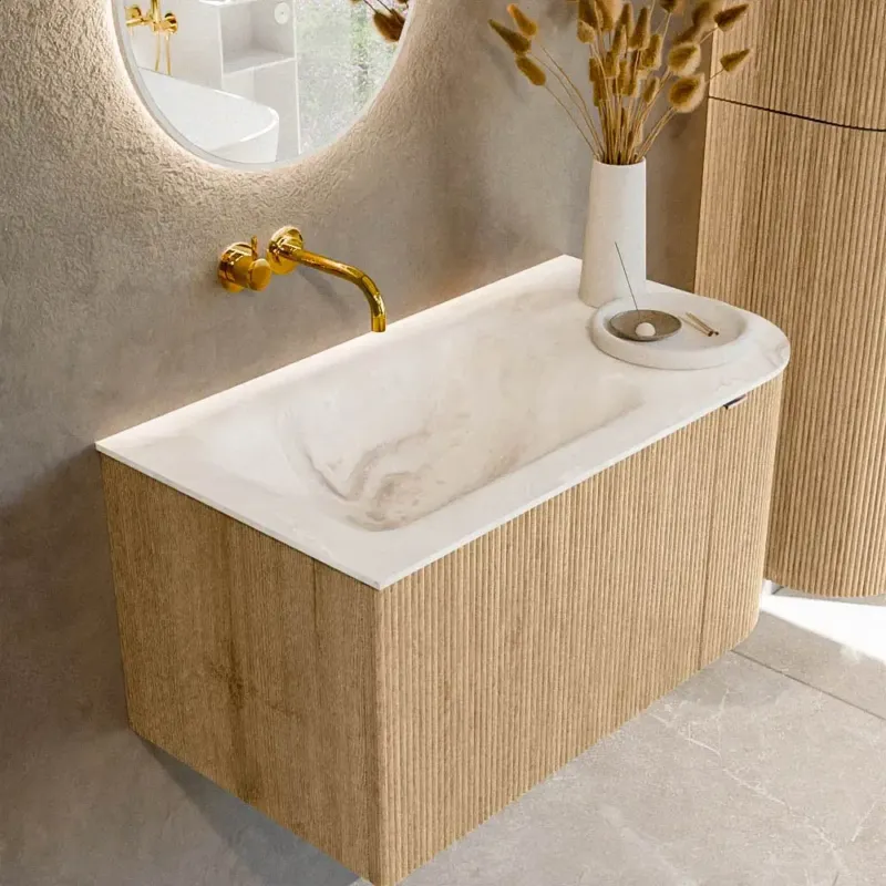 Favoriet Mondiaz Kurve-dlux 85cm badmeubel ronding rechts oak met 1 lade en deur en wastafel cloud links zonder kraangat frappe