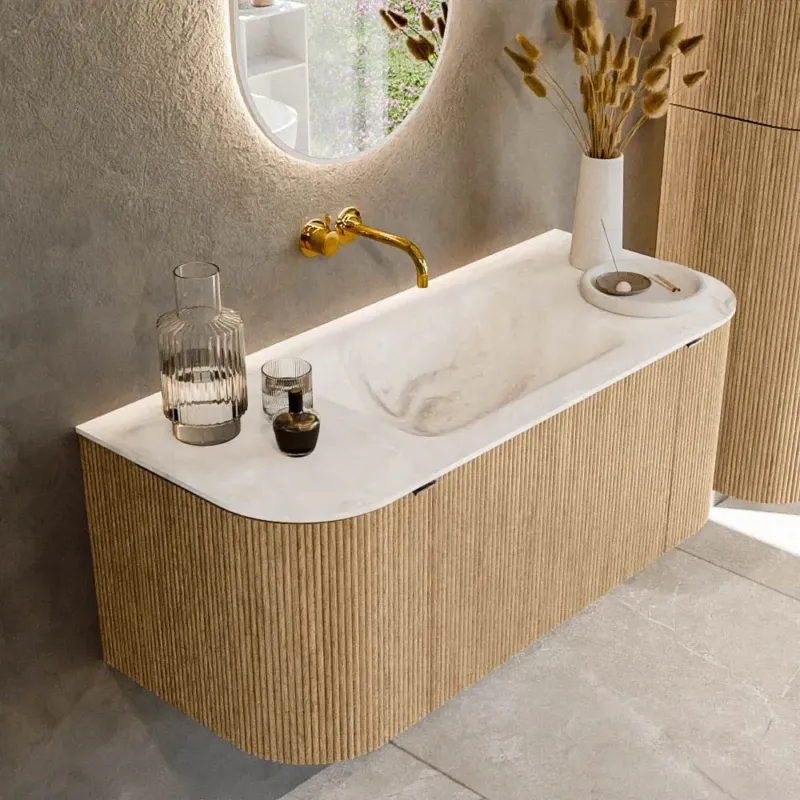 Aanbieding Mondiaz Kurve-dlux 110cm badmeubel ronding links/rechts oak met 1 lade en 2 deuren en wastafel cloud midden zonder kraangat frappe